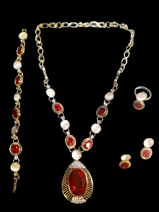 Beautiful 18K Gold Tone Garnet Necklace w/Matching Bracelet, Earrings & Ring Set