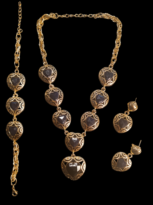 Beautiful Black Hearts 18K Gold Tone Necklace, Bracelet & Earrings Set
