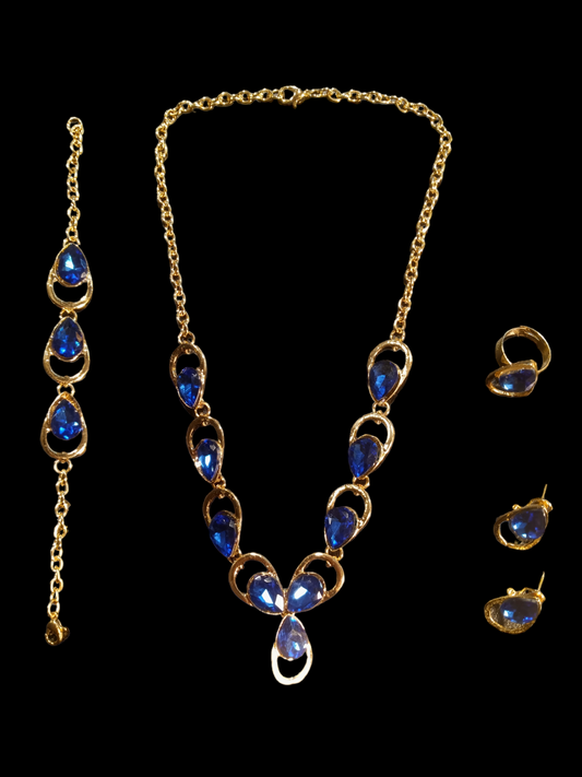 Beautiful Blue Sapphire 18K Gold Tone Necklace, Bracelet, Ring & Earrings Set