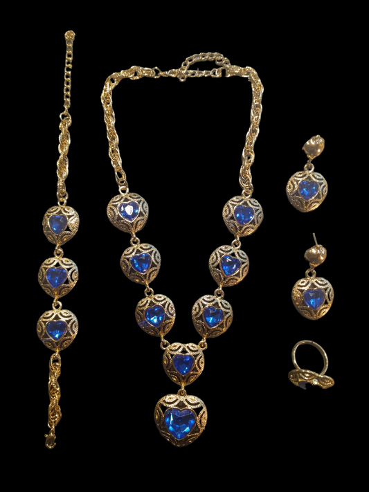 Beautiful Blue Hearts 18K Gold Tone Necklace, Bracelet, Ring & Earrings Set